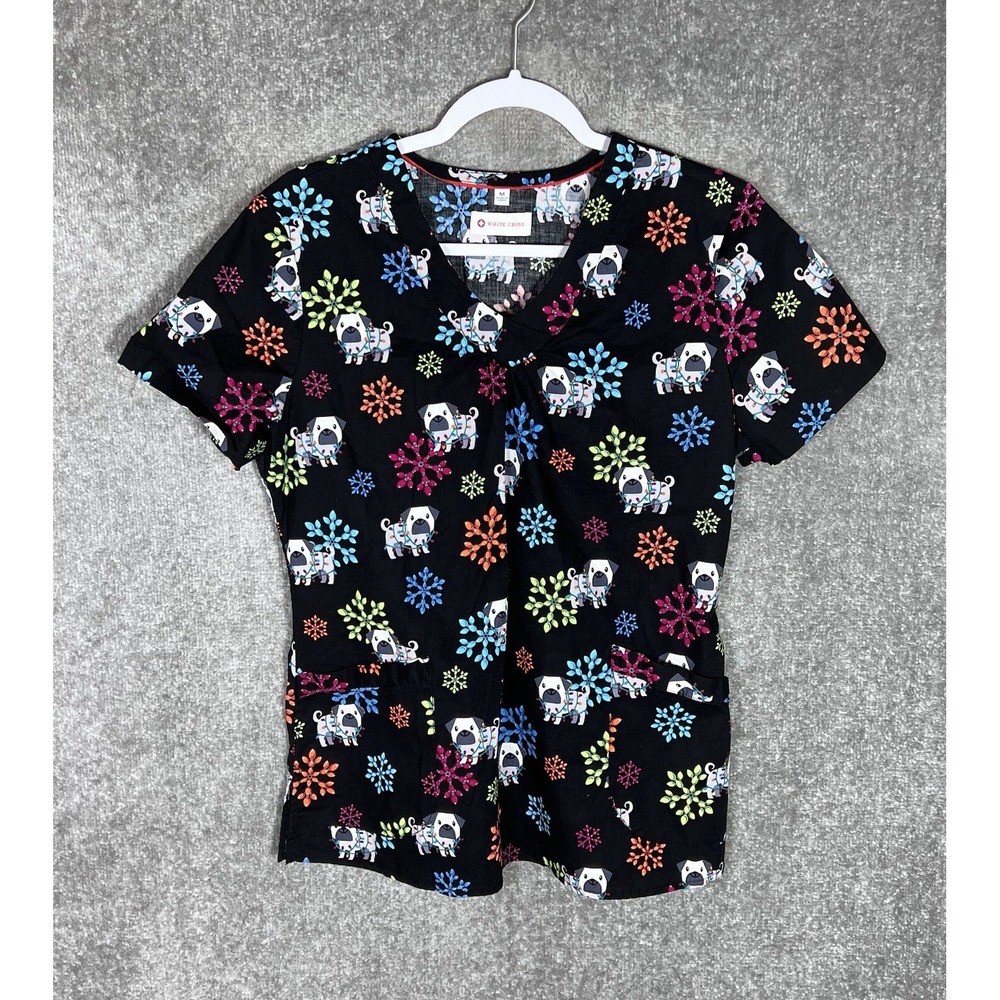 White Cross Pug Dog Christmas Lights Scrub Top Womens Size M Black VNeck Pockets